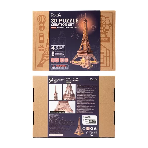 Дървен 3D пъзел Robotime - Айфеловата кула нощем, 164 части - Image 6
