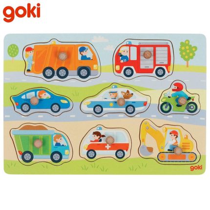 Дървен пъзел с дръжки Goki - Превозни средства, 8 части
