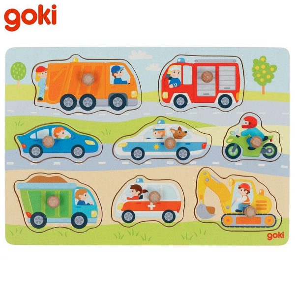 Дървен пъзел с дръжки Goki - Превозни средства, 8 части - Image 1